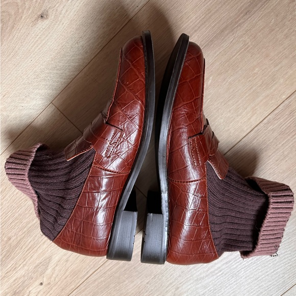 Maroon sock Penny Loafers alligator style leather chunky heel classic slip on - Picture 15 of 16